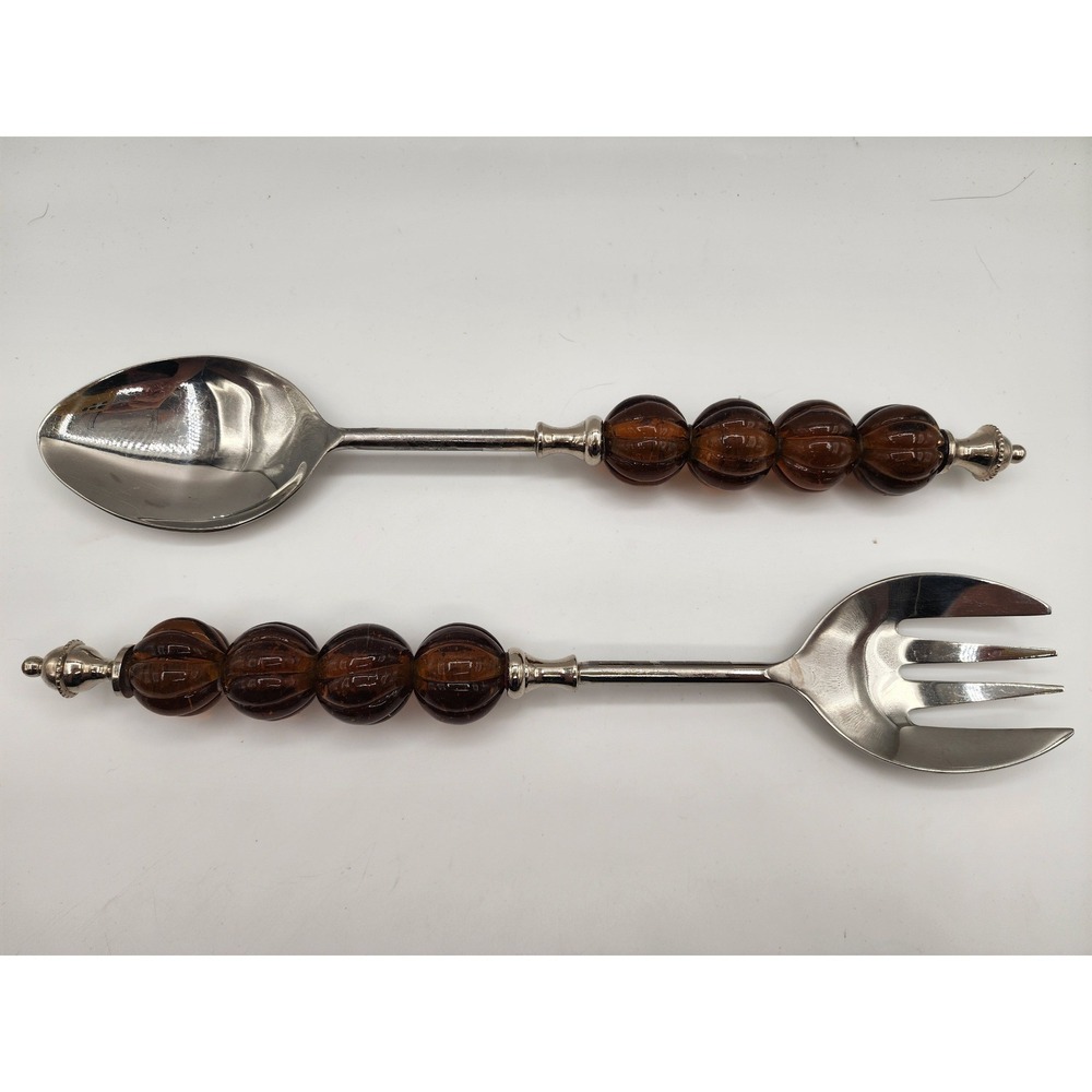 Amber Beaded Handle Stainless Steel Salad‎ Servers Fork & Spoon Set